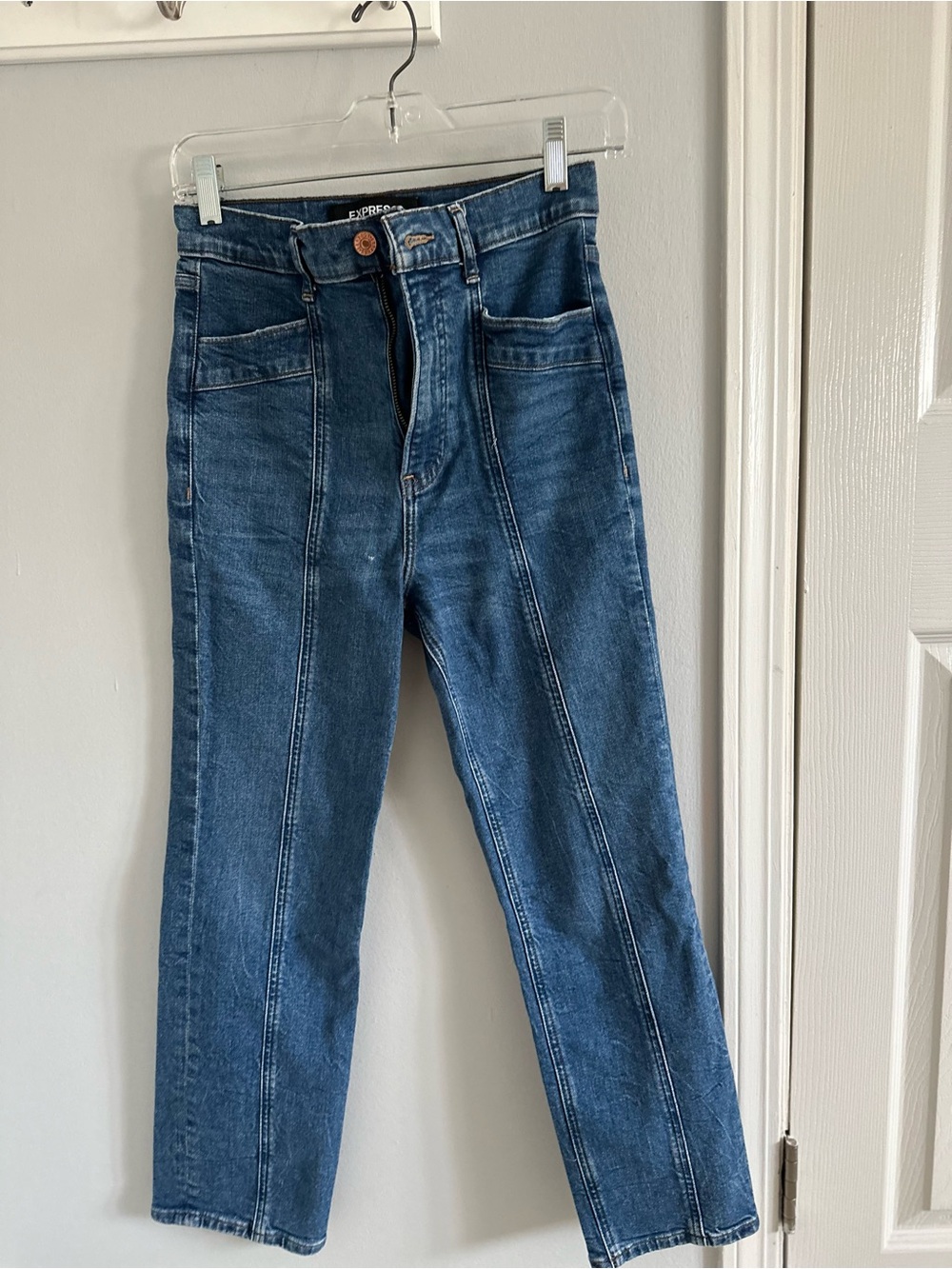 Express Straight-Leg High-Rise Jeans in Dark Blue Denim